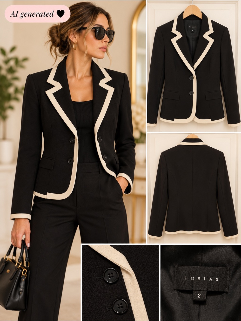 TOBIAS Black Blazer with Ivory Contrast Piping | Size 2 | Made in Canada